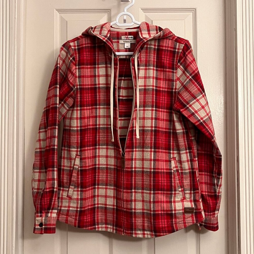 L.L. Bean (20" across) zip-up flannel shirt or jacket with hood, red-pink colors